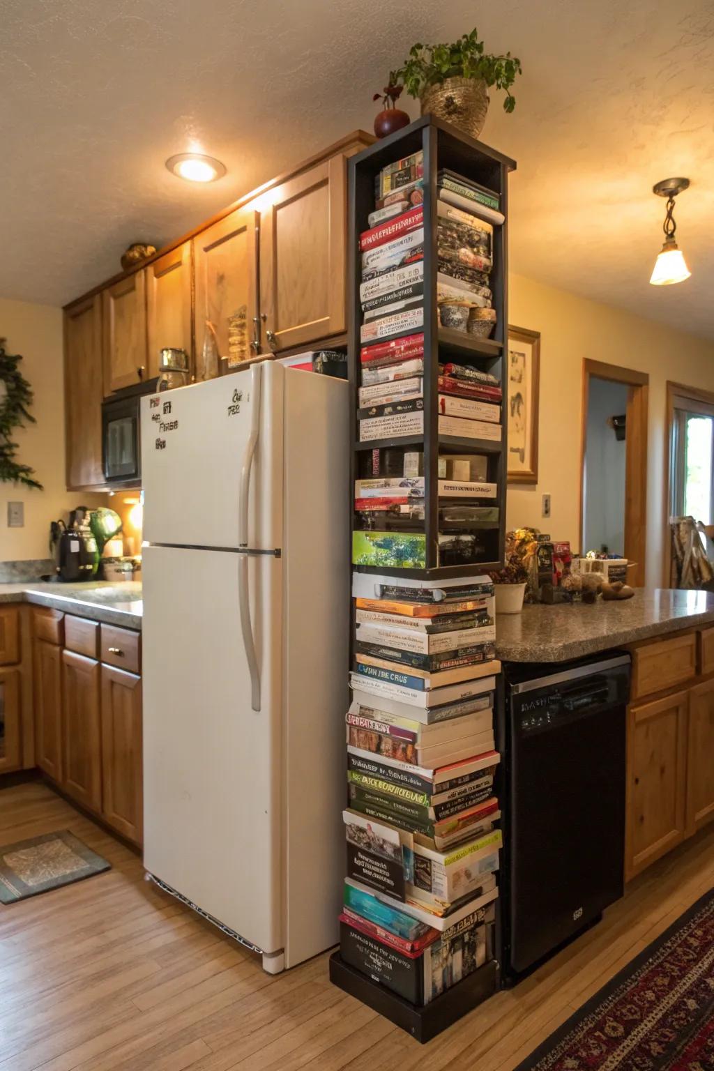 A slim book nook above the fridge for easy access to reading materials.