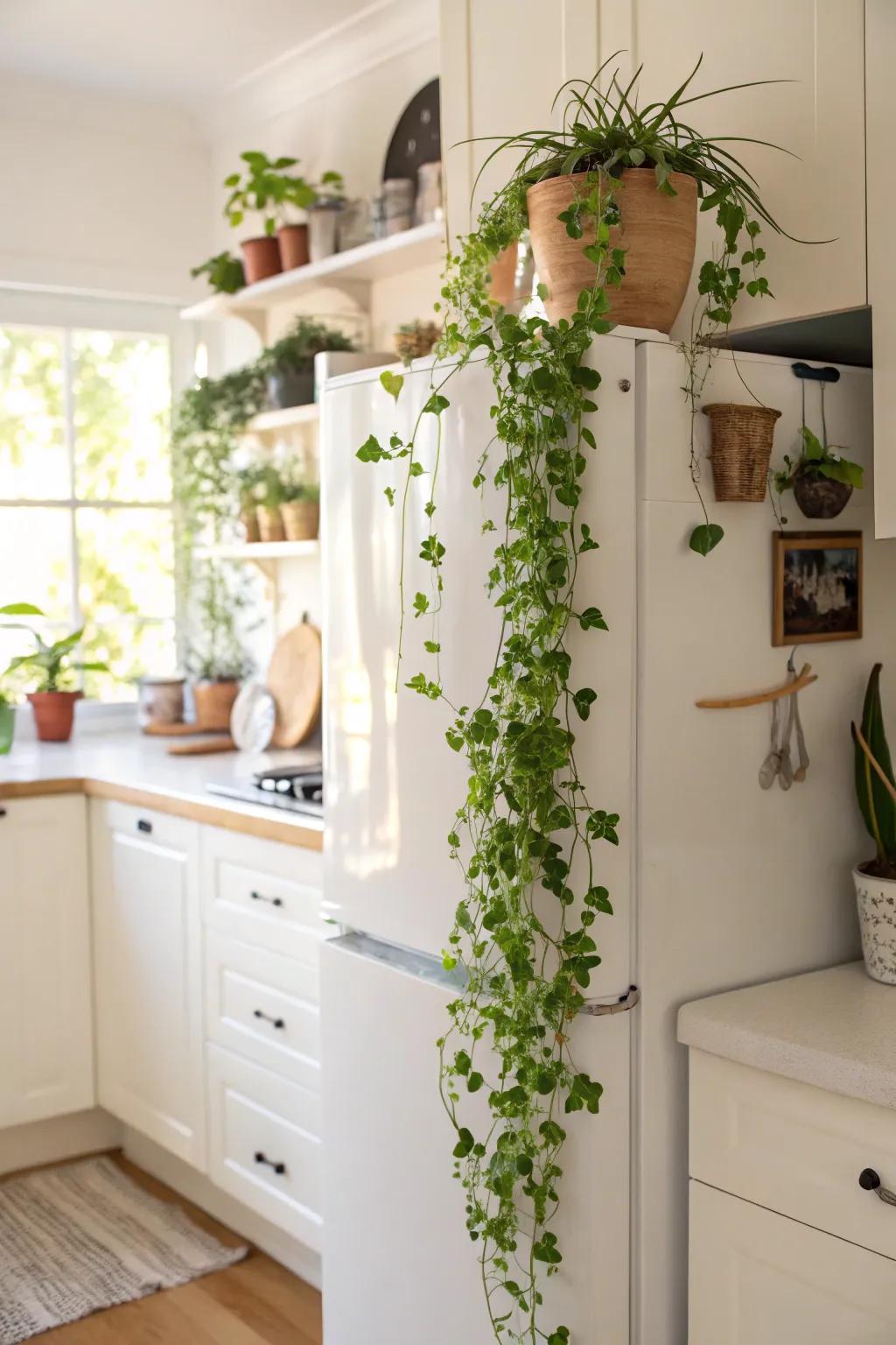 Greenery above the fridge brings a fresh touch.