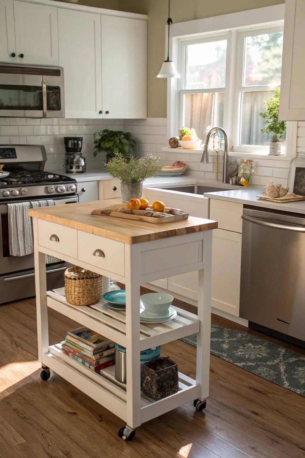 A rolling island adds versatile counter space to this compact kitchen.