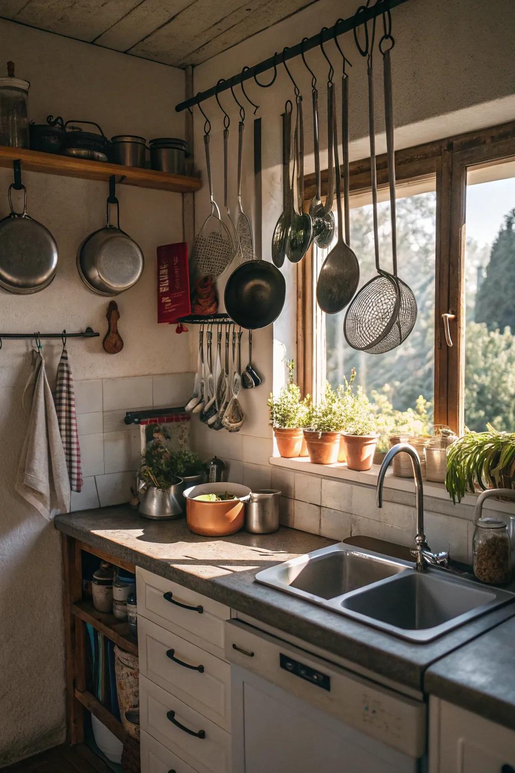 Hanging utensils make the most of vertical space in this kitchen.