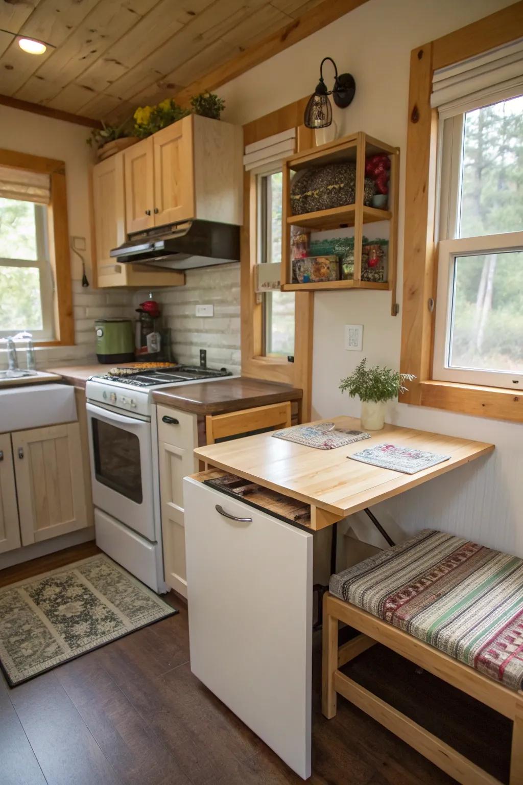 A fold-out table provides flexibility in this multi-functional kitchen.