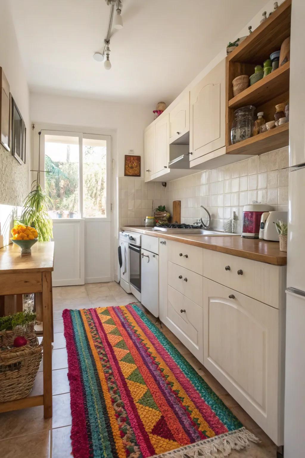 A vibrant rug adds warmth and personality to this small kitchen.