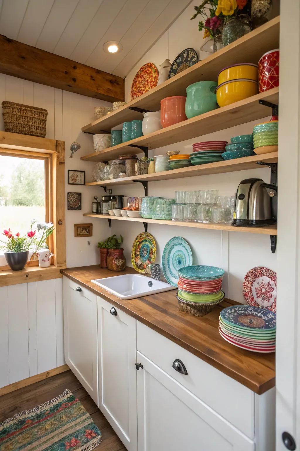 Open shelving adds style and practicality to a compact kitchen.