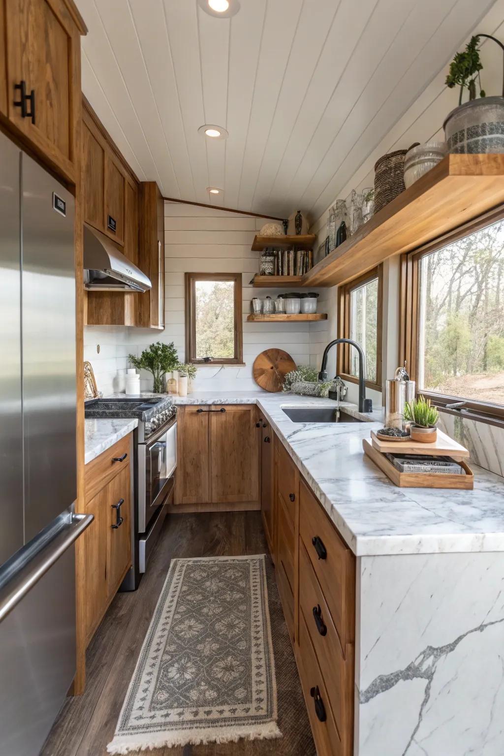 This kitchen features a harmonious blend of wood, metal, and marble.