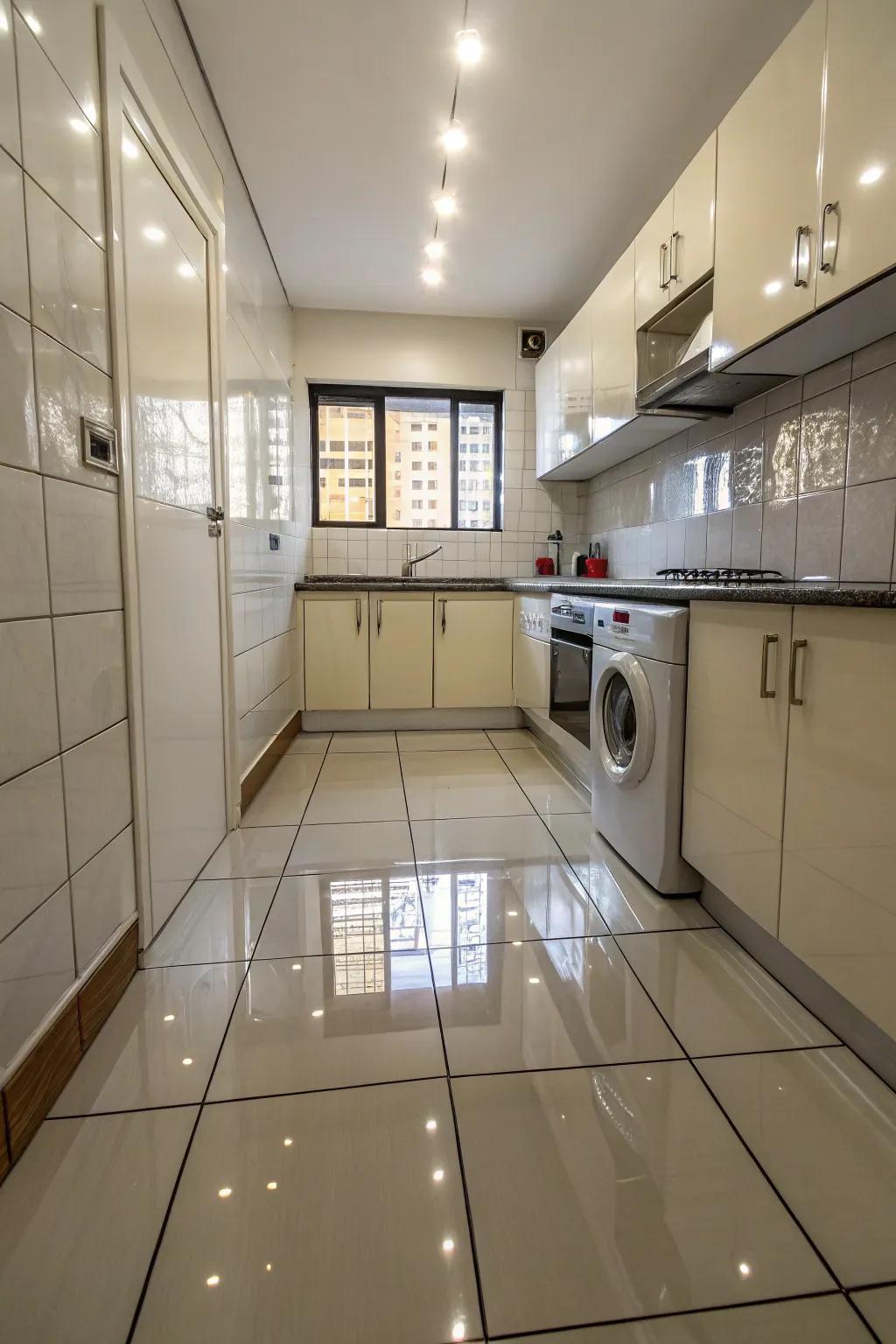 Reflective surfaces enhance light and openness in this kitchen.