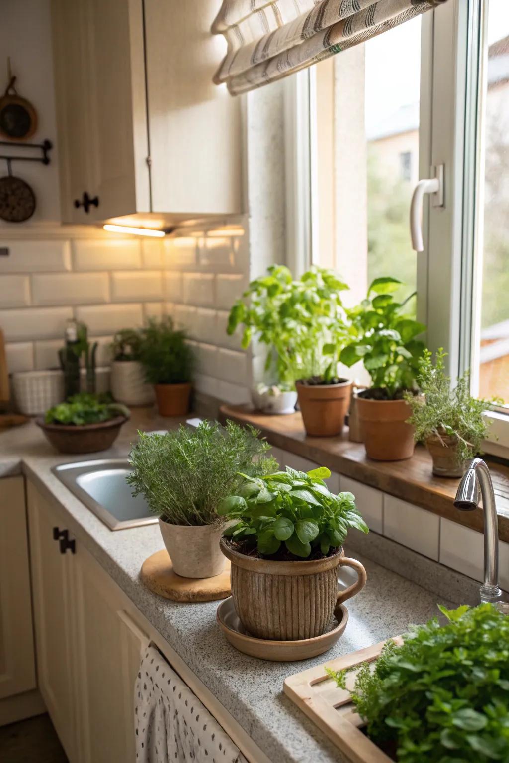 Greenery breathes life into this compact kitchen setting.