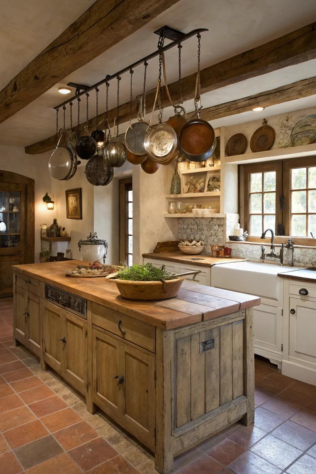Hanging pots and pans add a practical yet decorative touch.