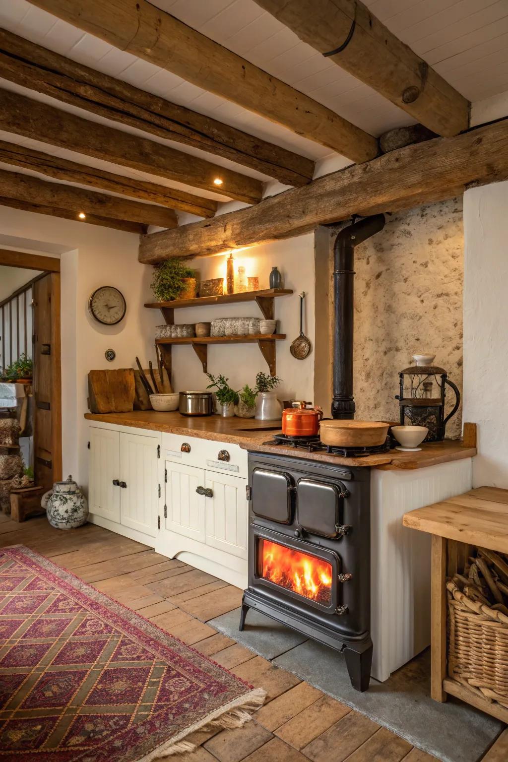 A wood-burning stove brings warmth and vintage charm to the kitchen.