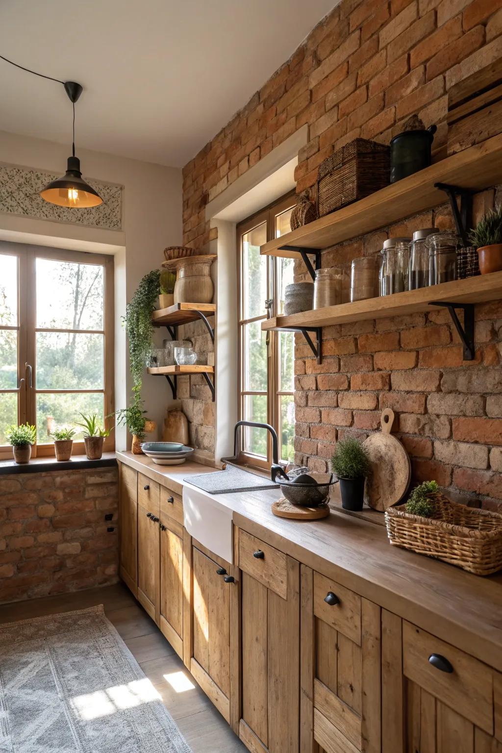 A brick accent wall adds depth and warmth to the kitchen.