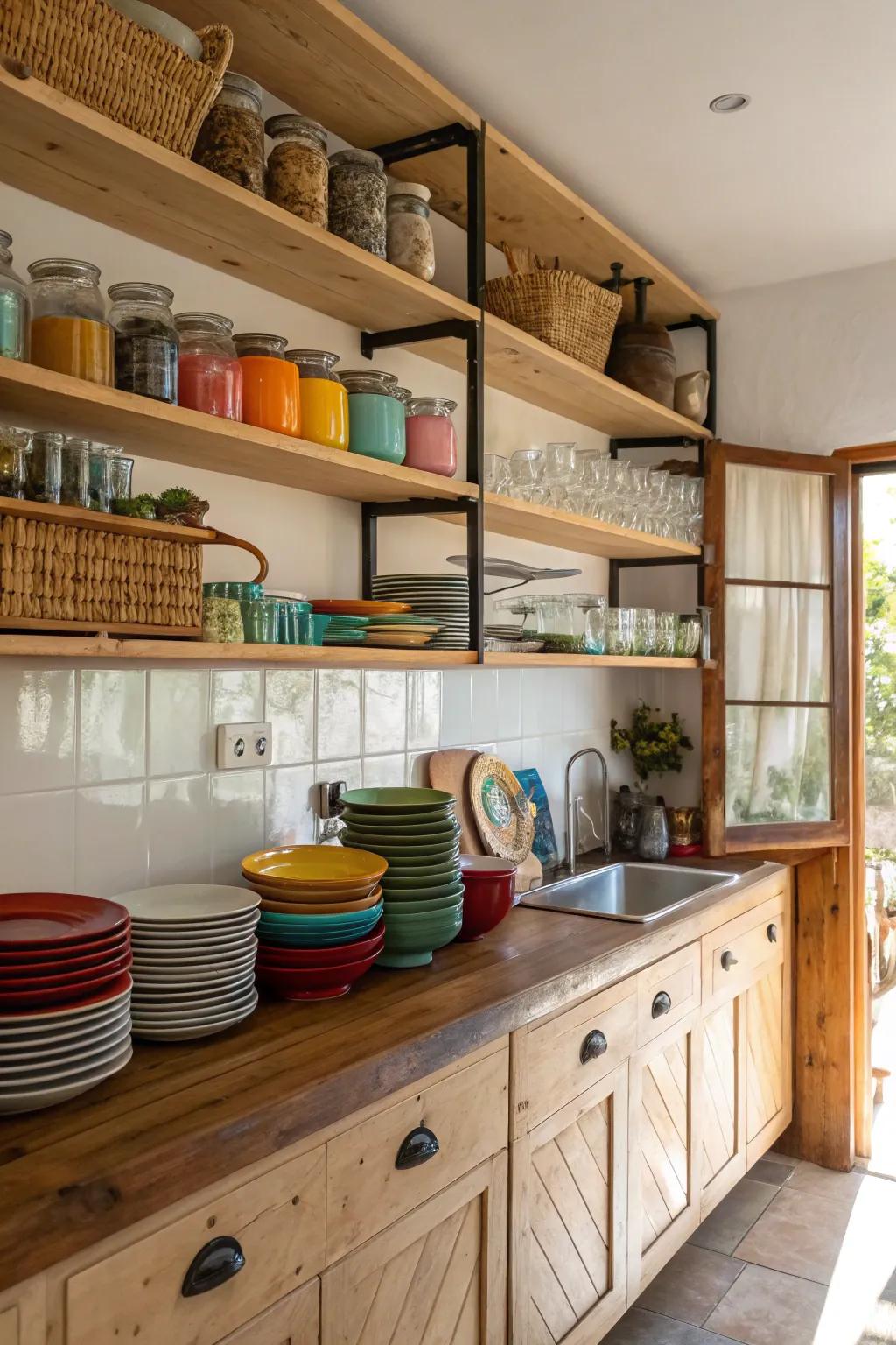 Open shelving adds character and functionality to a compact kitchen.