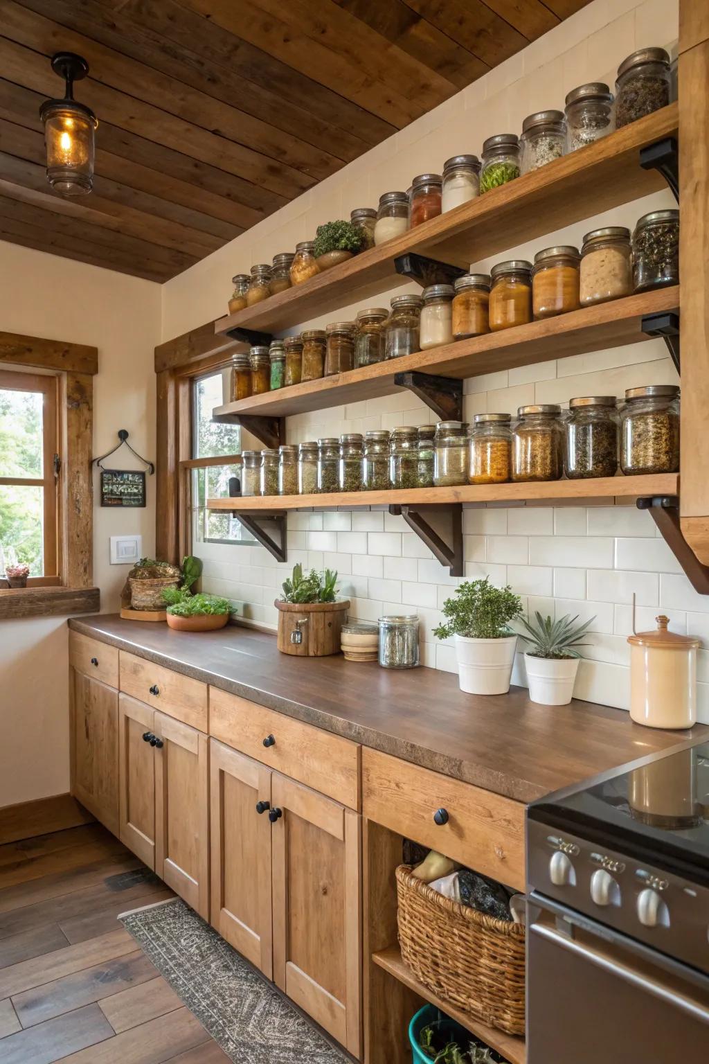 Mason jars offer both storage and decorative appeal in a rustic kitchen.