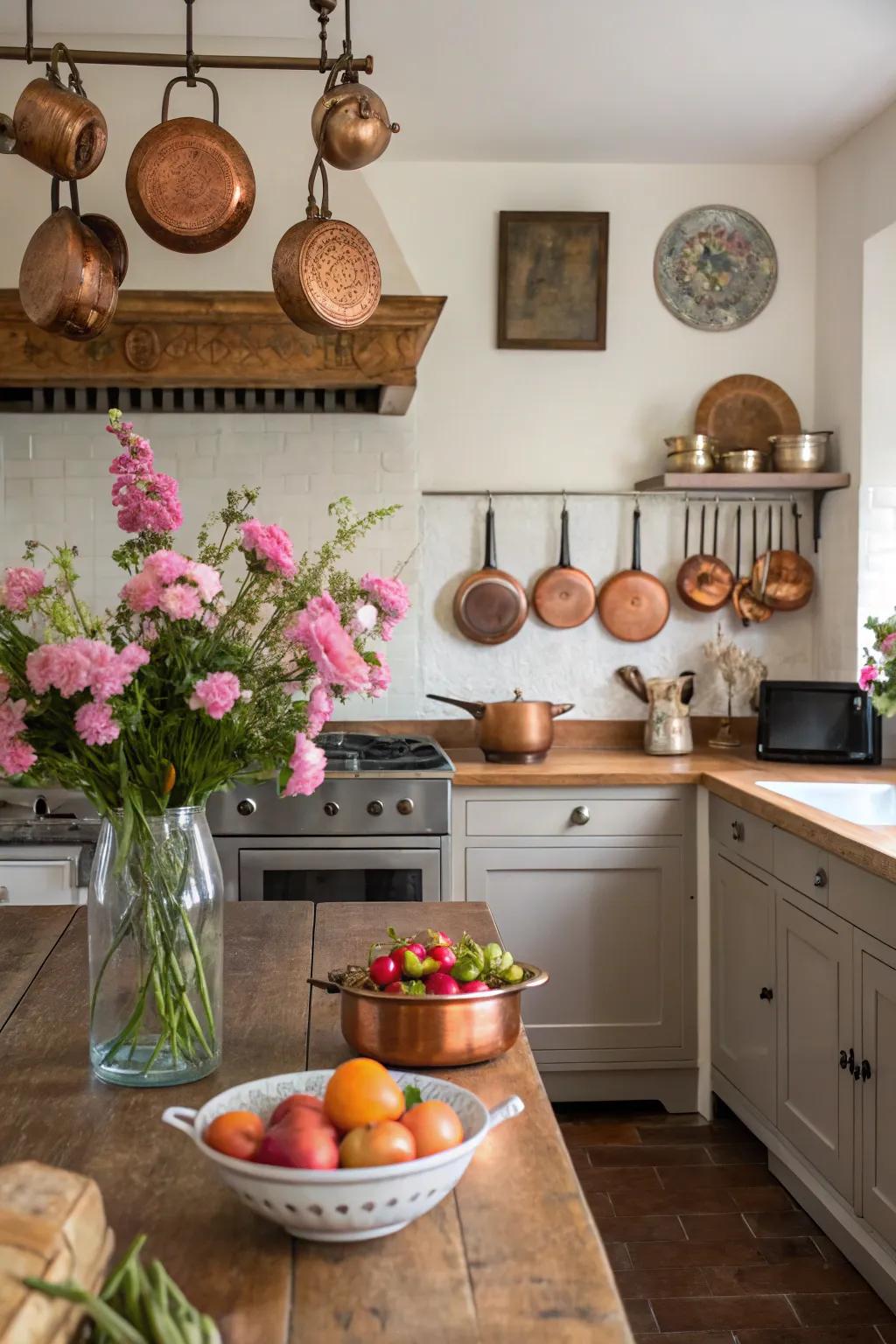 An eclectic mix of decor adds character to a rustic kitchen.
