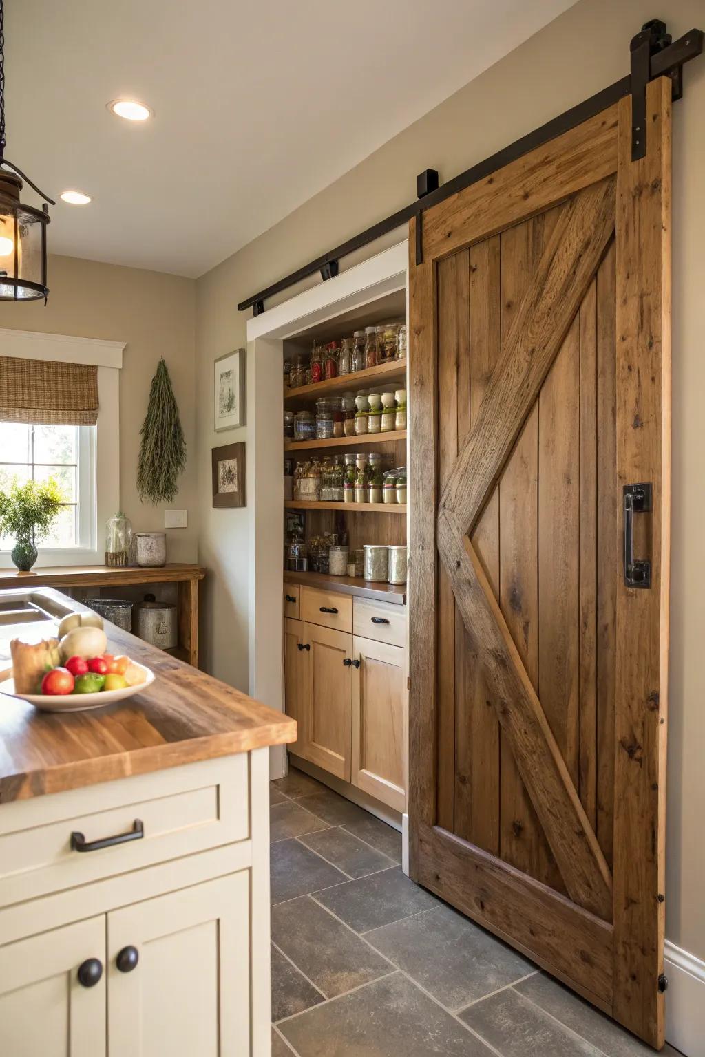 A sliding barn door adds rustic charm and functionality.