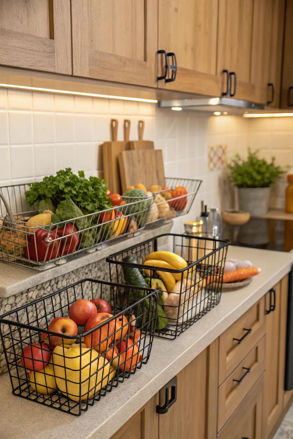 Wire baskets offer functional storage with rustic charm.