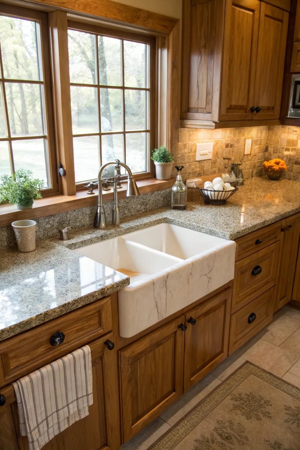 A classic apron-front sink serving as the centerpiece of a rustic kitchen.