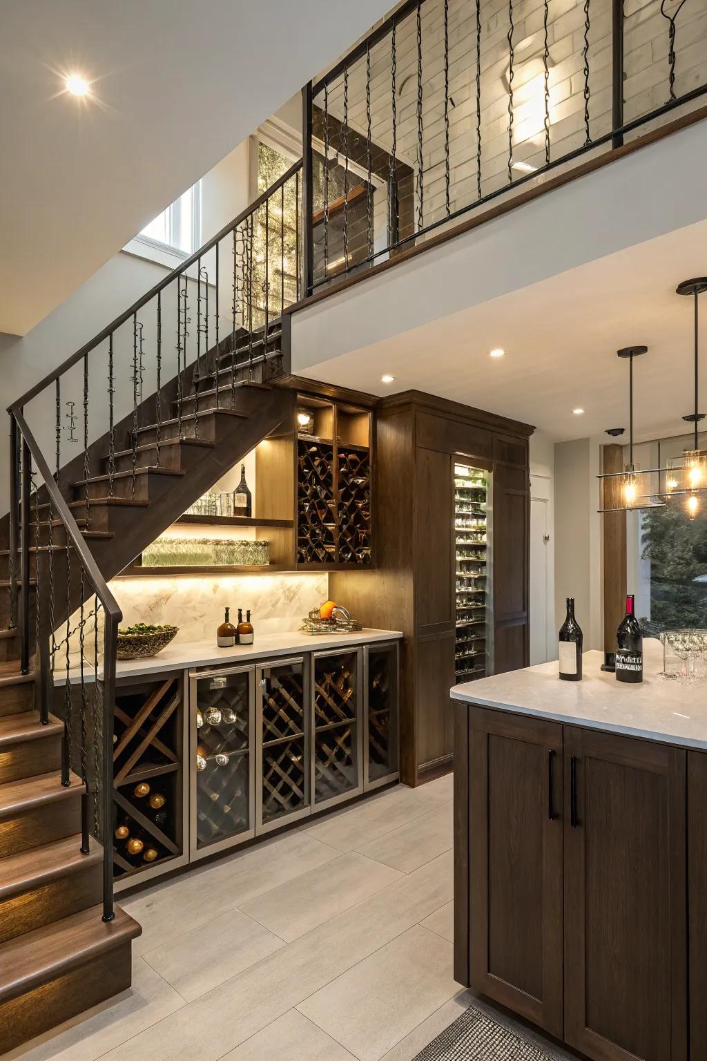 A stylish under-the-stairs wine bar that maximizes space beautifully.