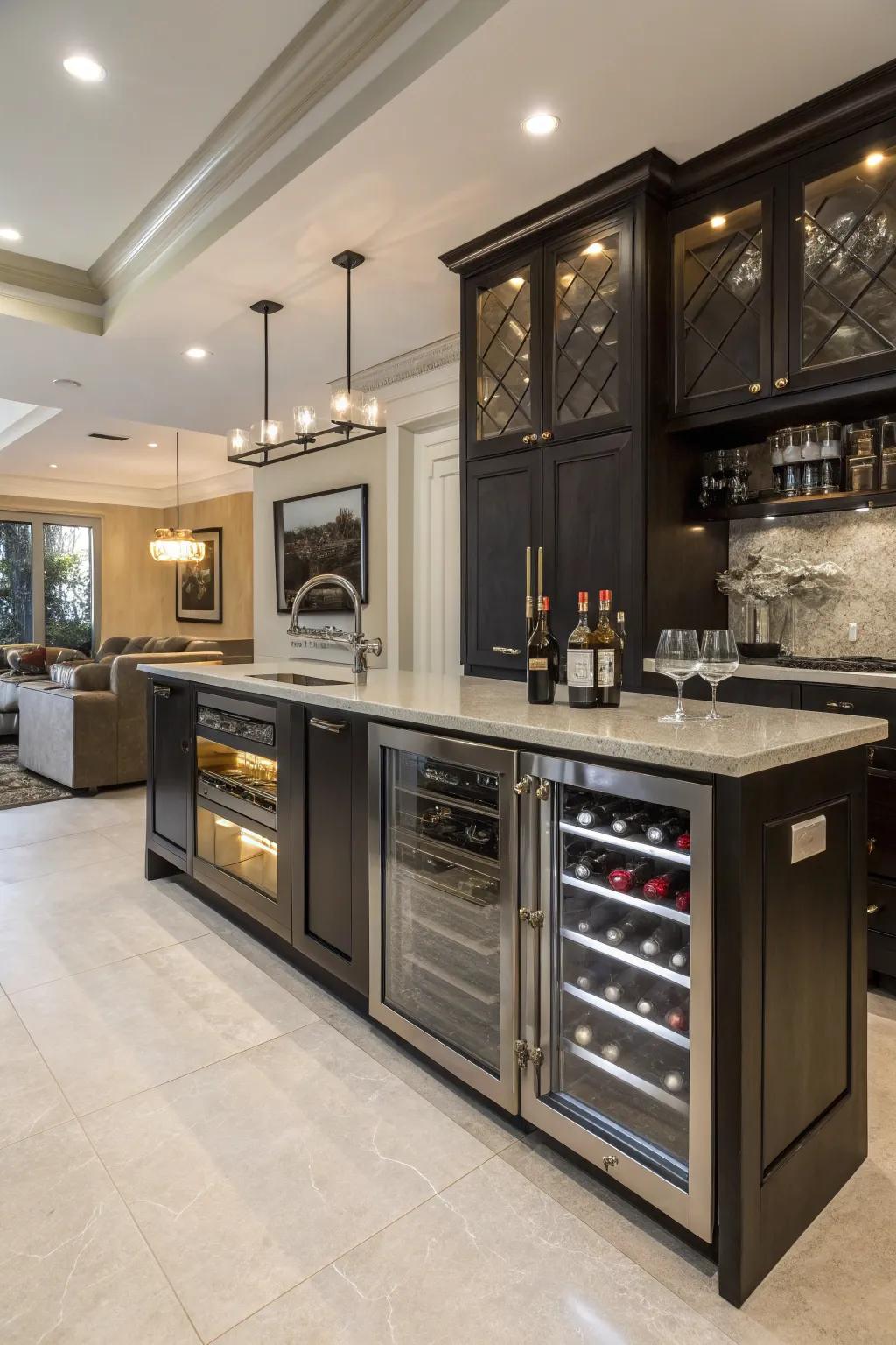 Integrated appliances elevate the functionality of this stylish built-in bar.