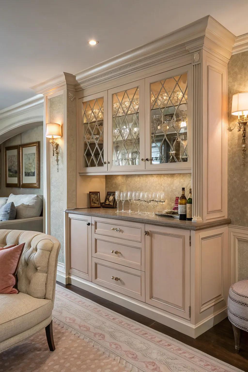 An alcove turned into a welcoming bar area with soft colors and intricate details.