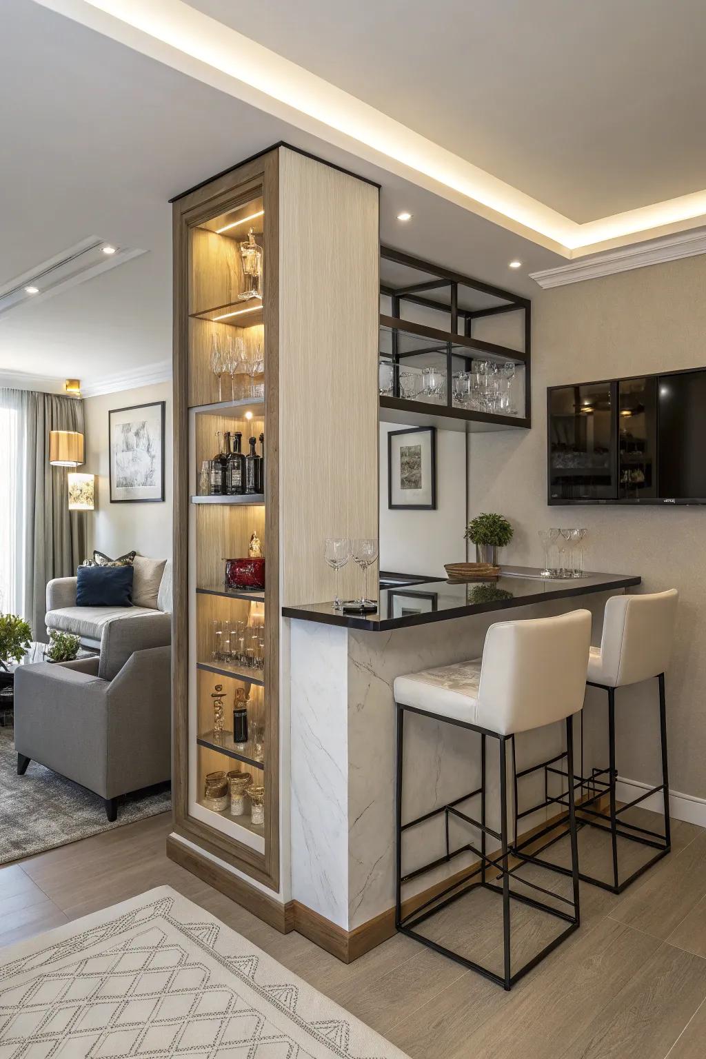 A stylish corner bar maximizing vertical space in a small apartment.