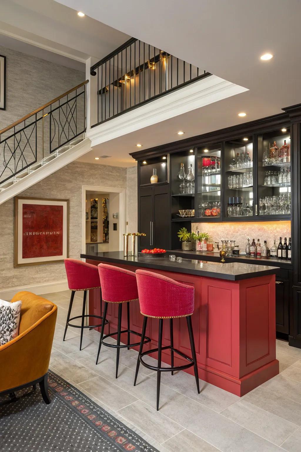 A bold color choice turns this bar into the room's centerpiece.