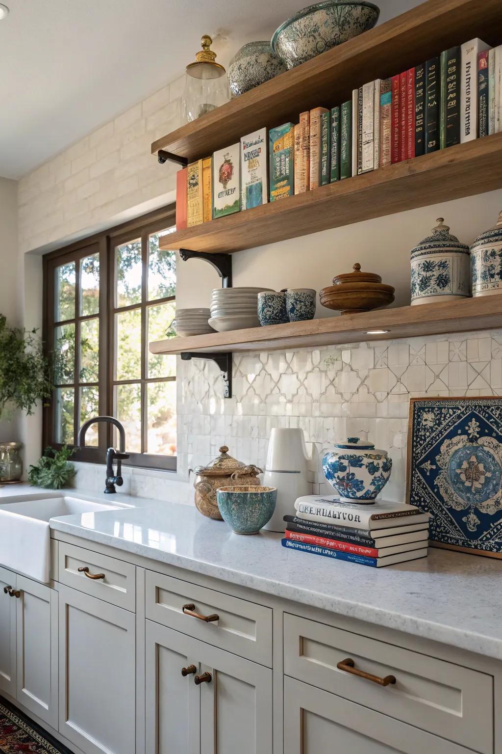 Floating shelves offer a stylish way to display decorative items.