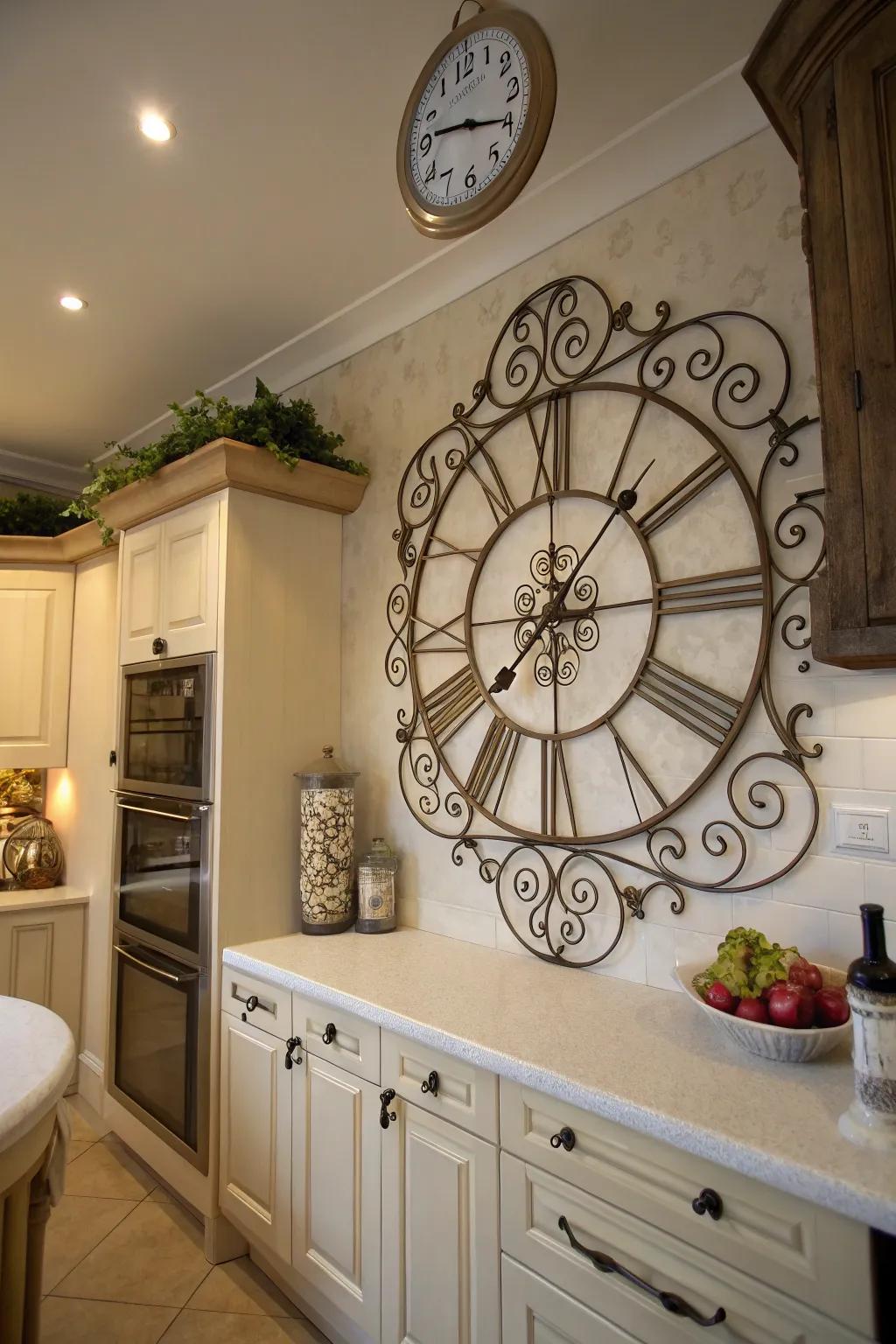 A decorative clock adds timeless elegance to your kitchen.