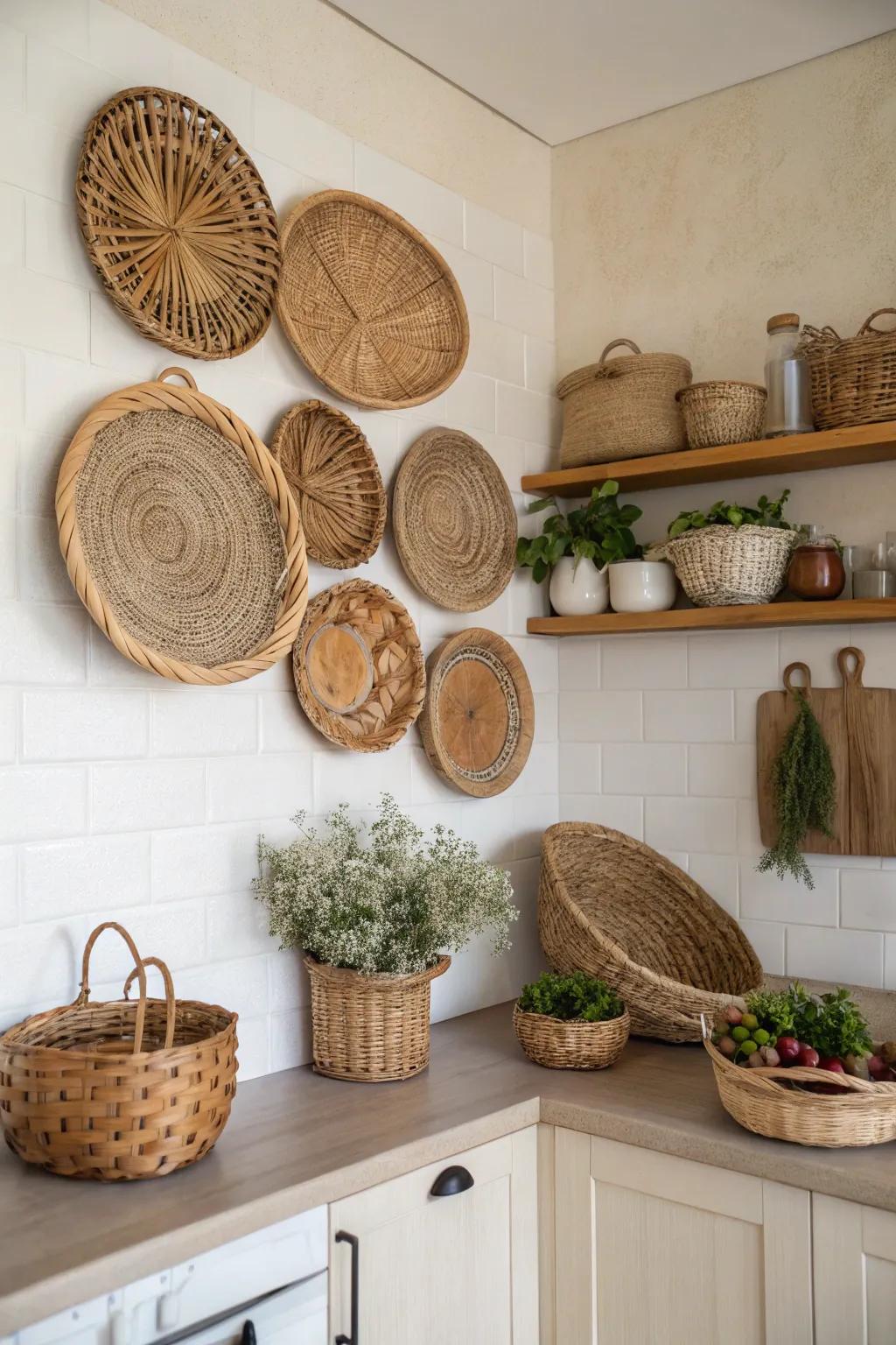 A basket wall introduces texture and a natural feel to the space.