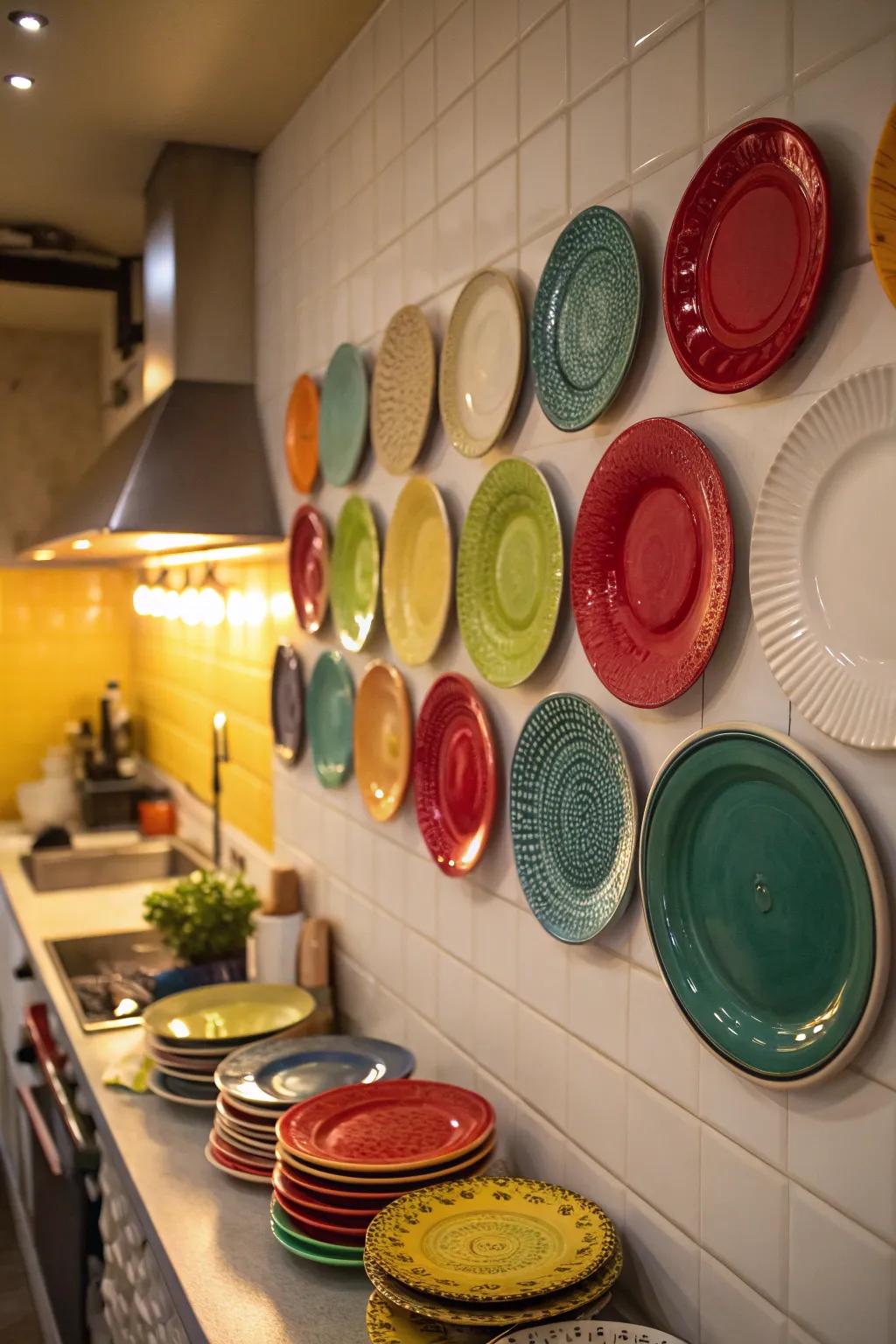 A plate wall offers a playful and colorful touch to your kitchen.