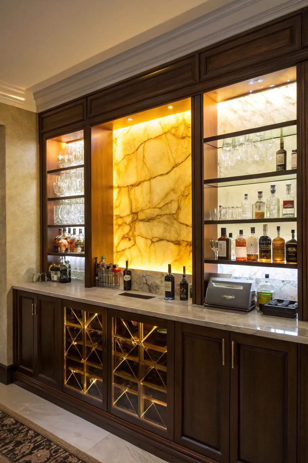 Add a touch of drama with a backlit onyx wall that illuminates your bar beautifully.