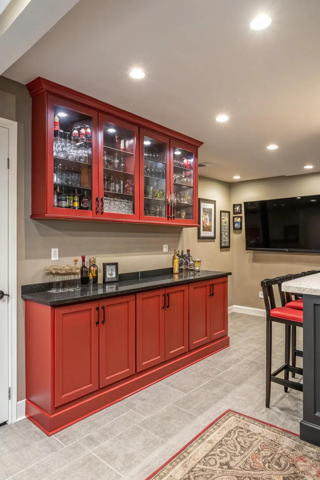 Bold cabinetry adds a pop of color and personality to your bar space.