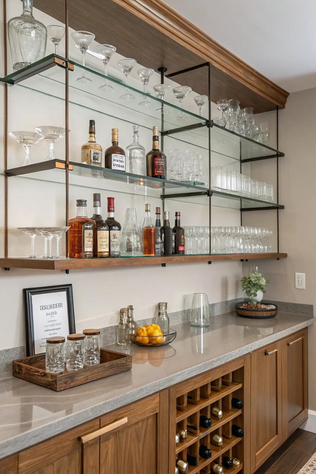 Floating shelves offer a minimalist yet elegant display for your spirits and glassware.
