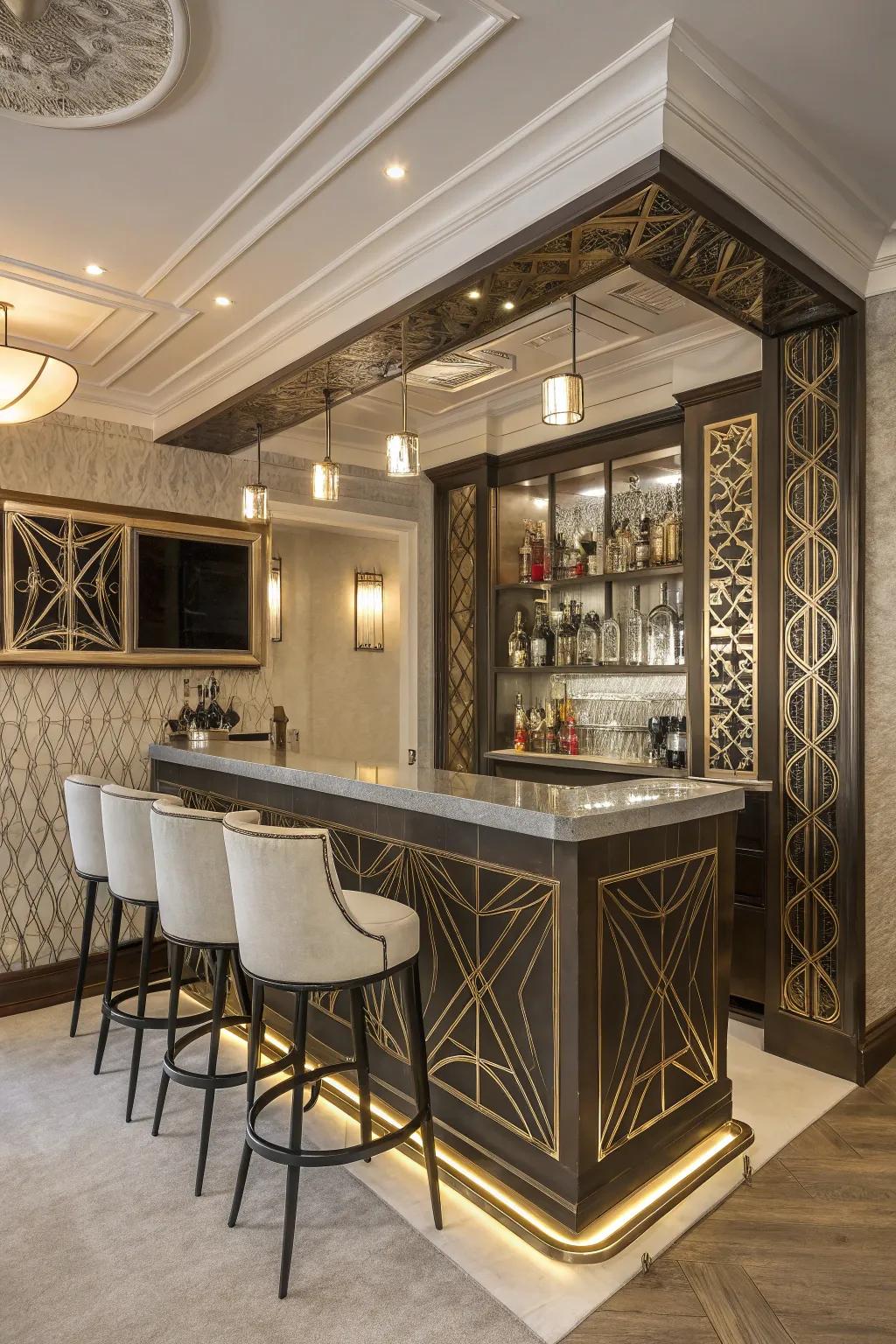 Art Deco elements bring timeless glamour to your bar design.