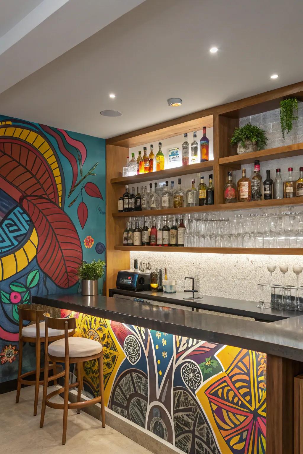 A mural backdrop adds artistic flair and a personal touch to your bar.