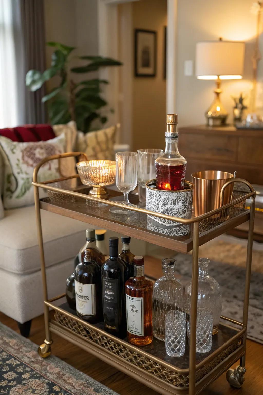 A vintage bar cart adds charm and practicality to your home bar.