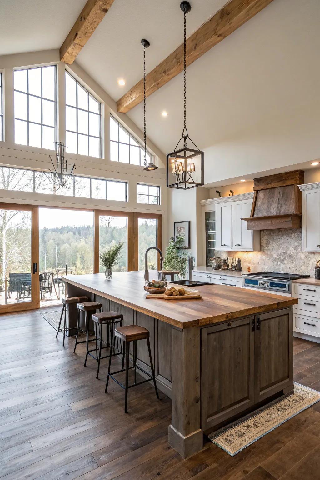 A large island serves as the social and functional hub of the kitchen.