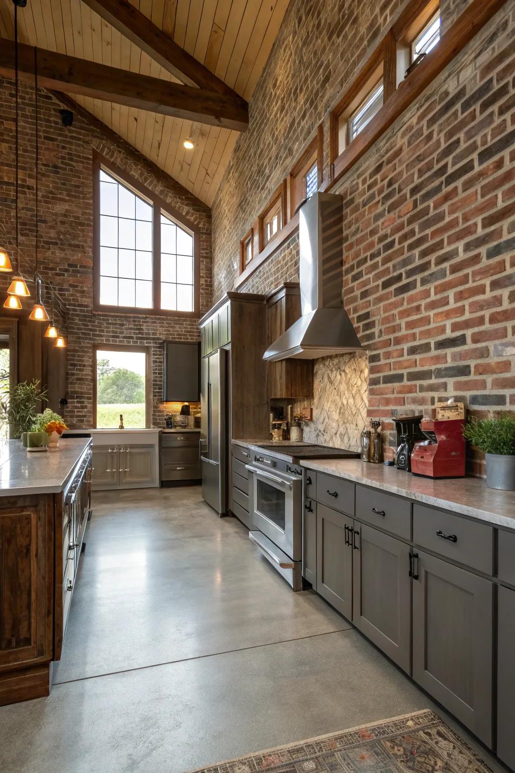 Brick backsplash adds texture and warmth to the kitchen.