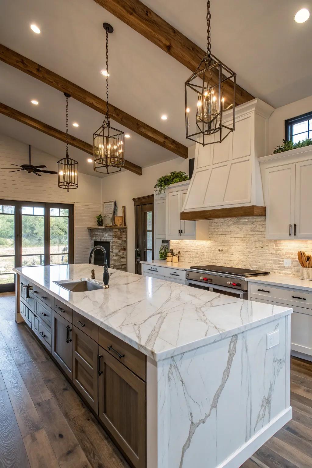Marble countertops add luxury and sophistication.
