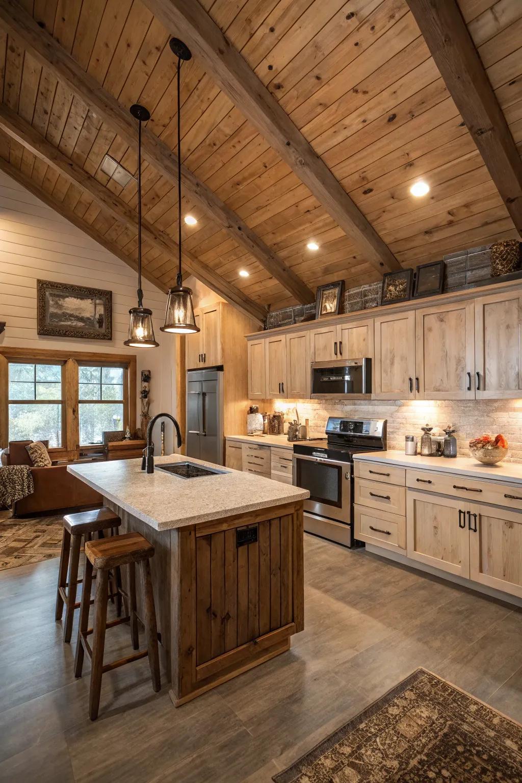 A planked ceiling adds warmth and architectural interest.