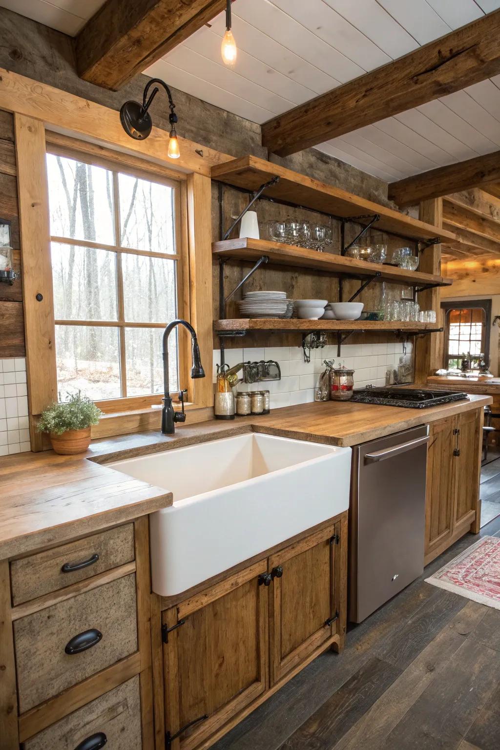A farmhouse sink blends functionality with traditional style.