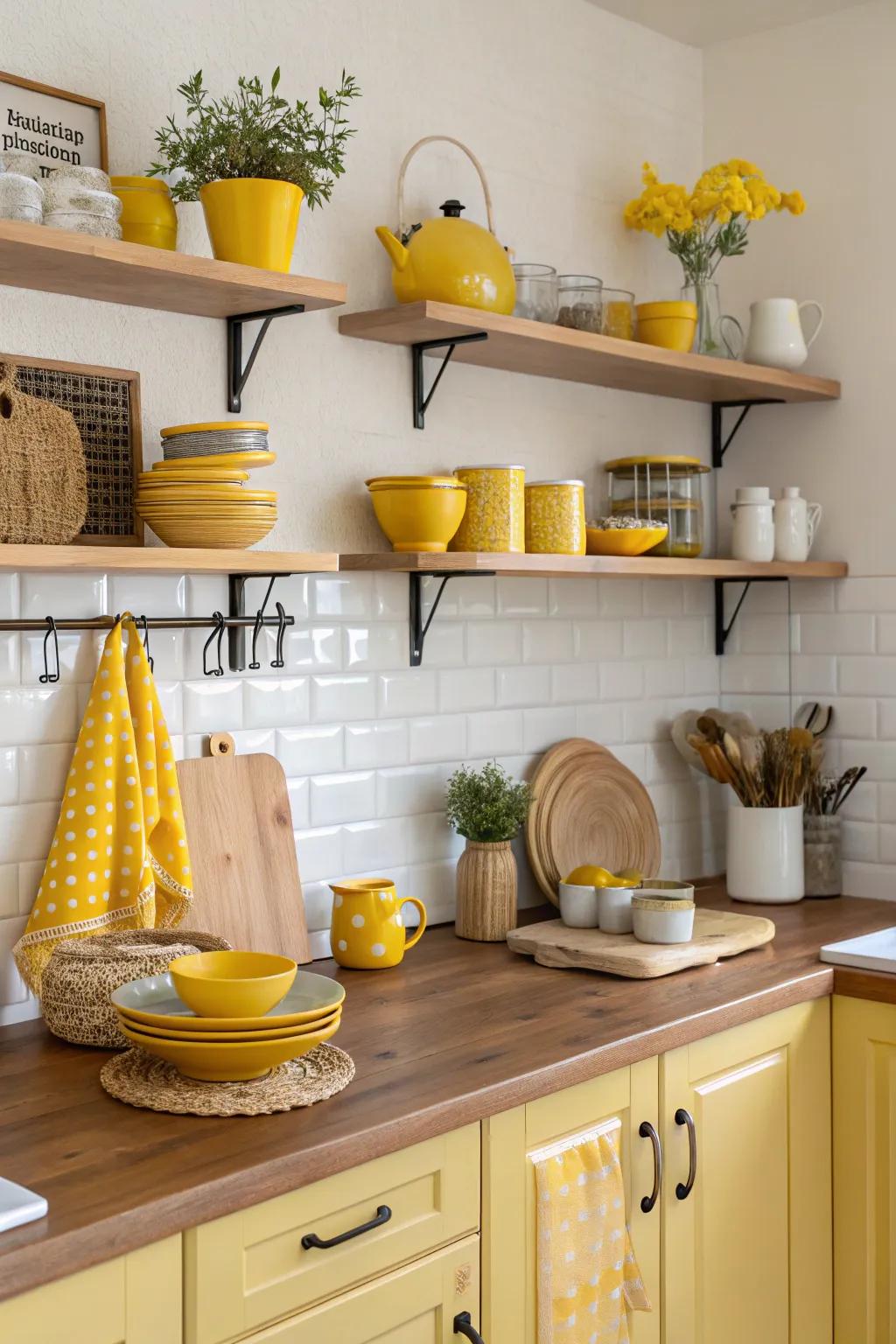 Open shelving with yellow accents adds a personal touch.