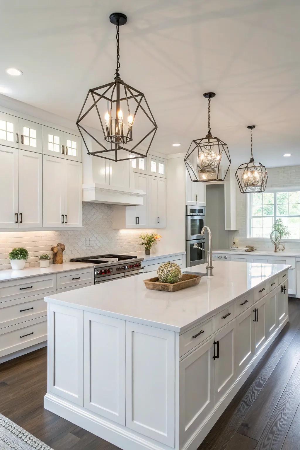 Statement lighting fixtures add personality and warmth to the white kitchen.