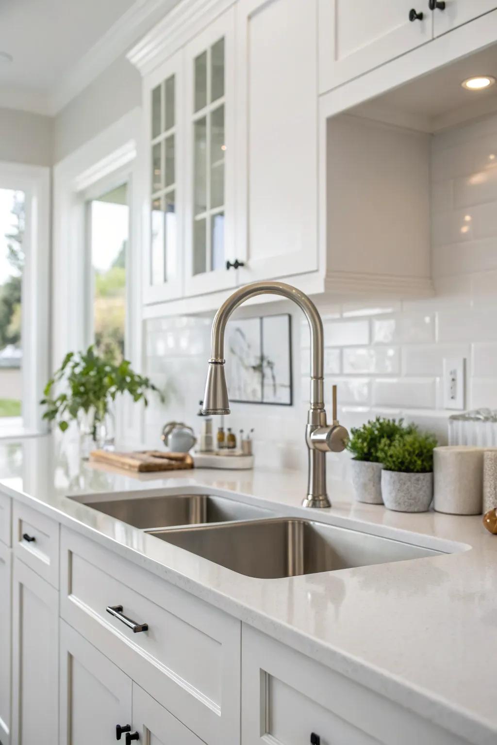 A unique faucet design adds sophistication to the sink area in the white kitchen.