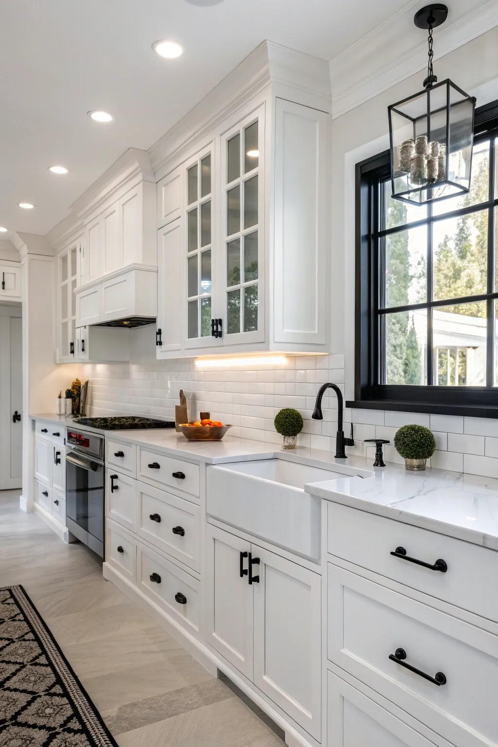 Black accents provide a striking contrast in this timeless white kitchen.