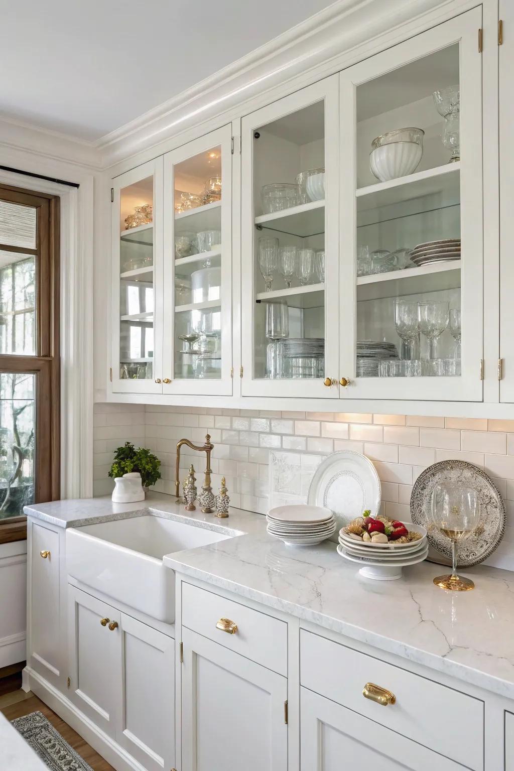 Glass front cabinets elegantly display dishware, adding depth to the kitchen.