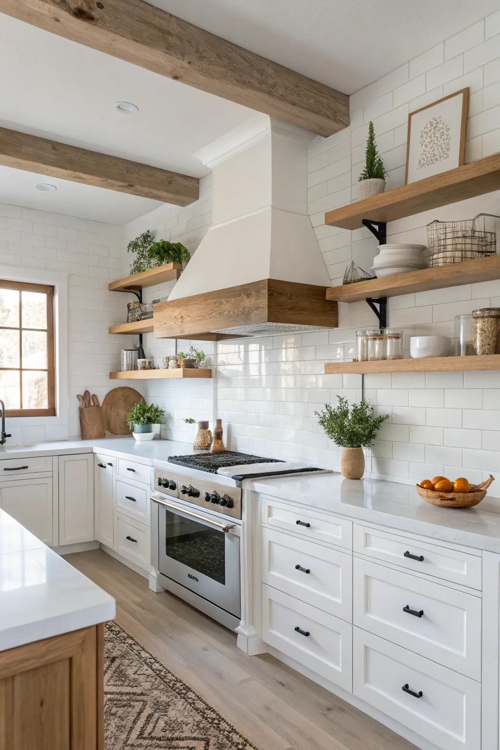 Natural wood accents add warmth and texture to the pristine white kitchen.