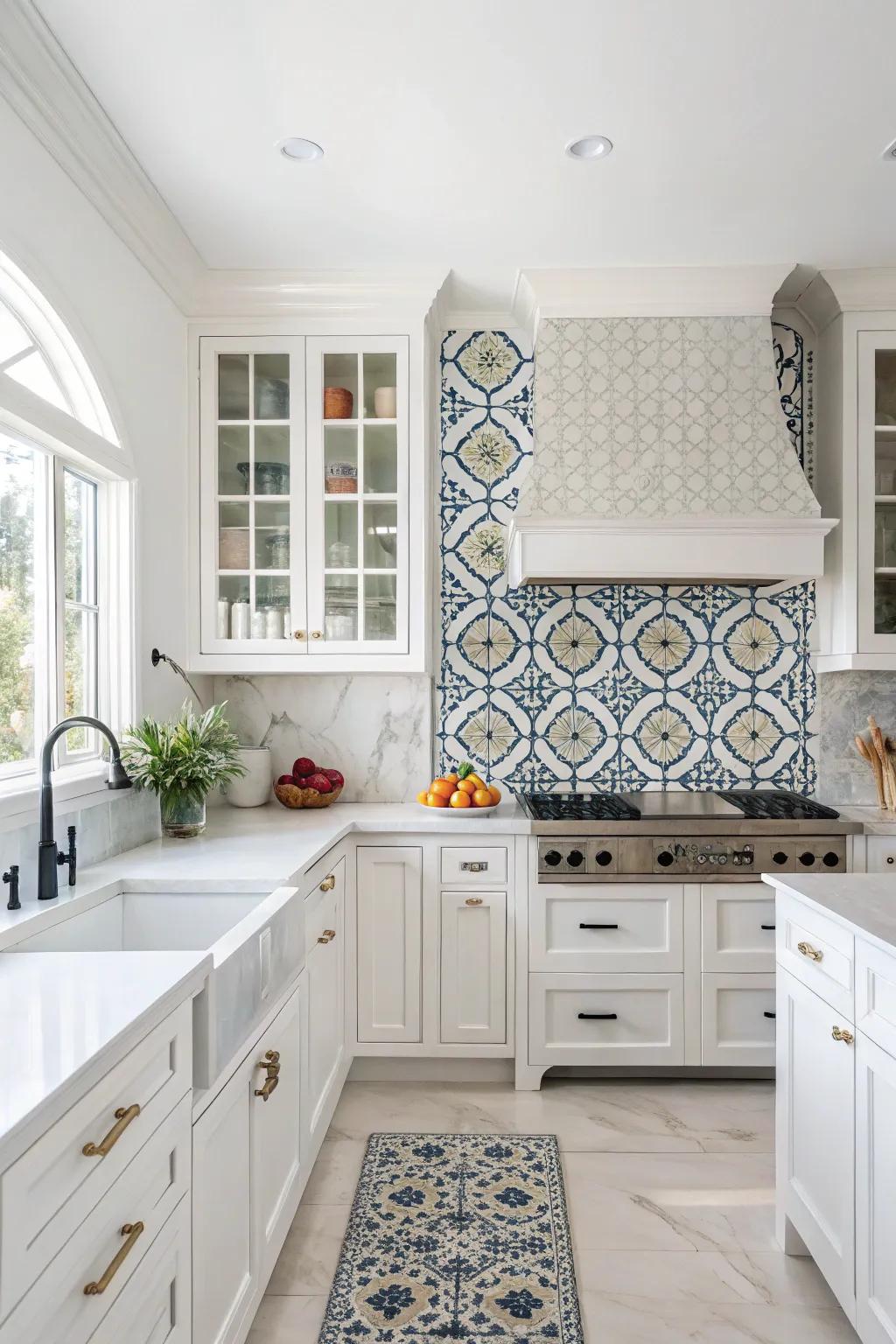 A bold tile backsplash becomes a striking focal point in the white kitchen.