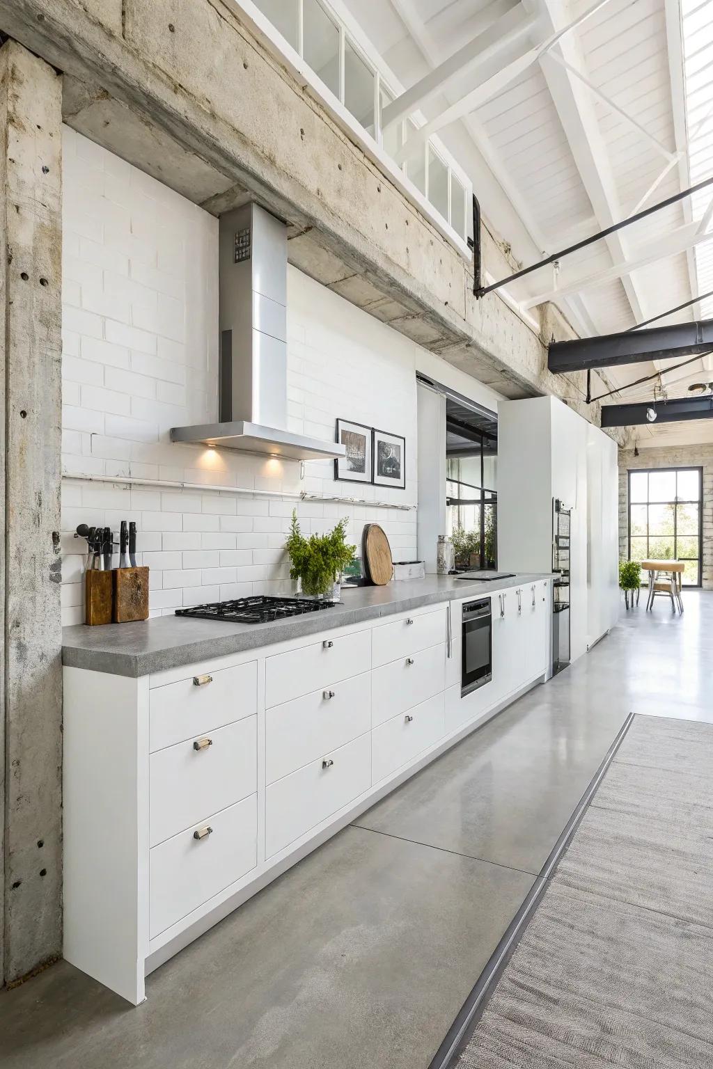 Unexpected materials like concrete add an industrial chic vibe to the white kitchen.