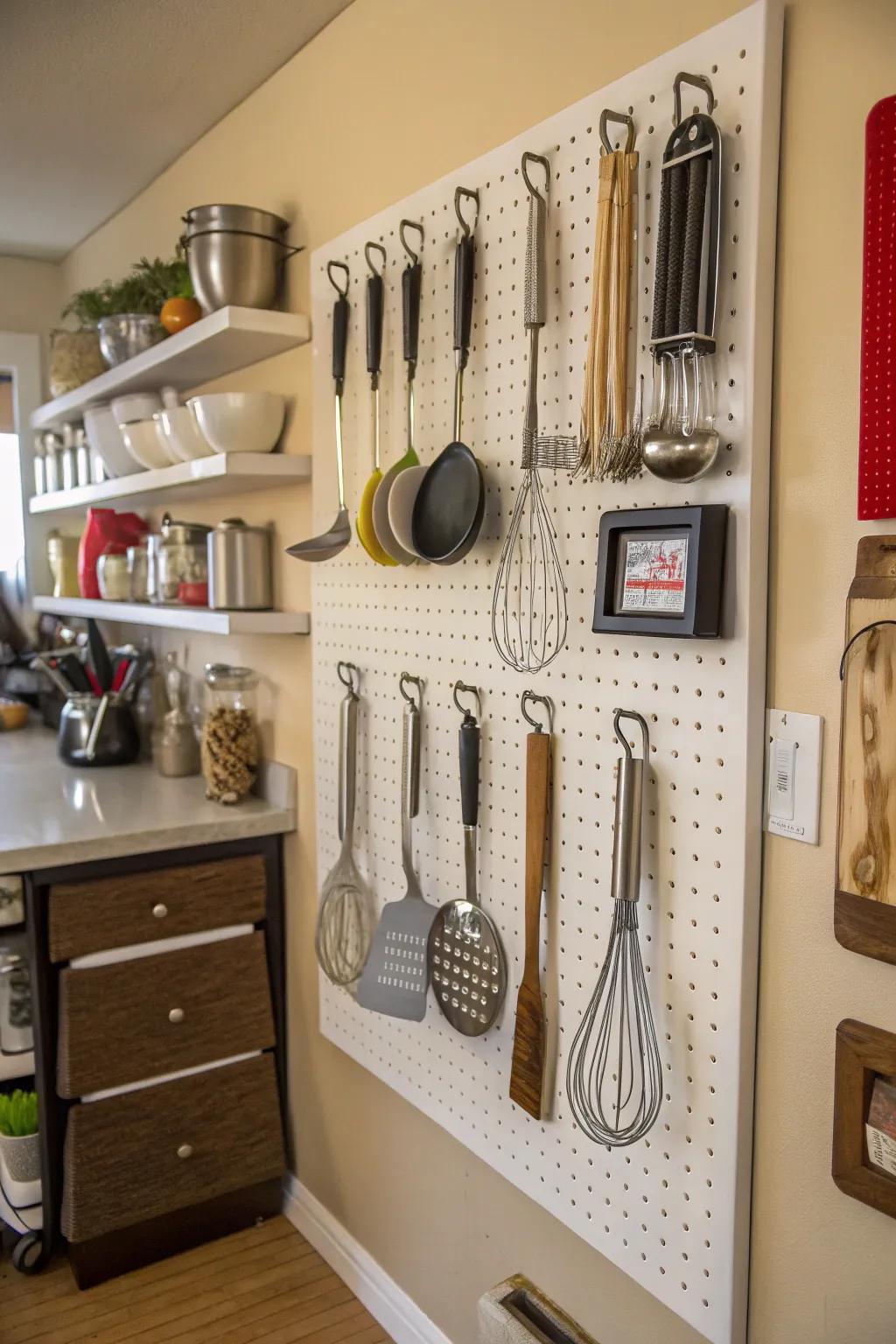 A pegboard keeps your kitchen essentials within easy reach.