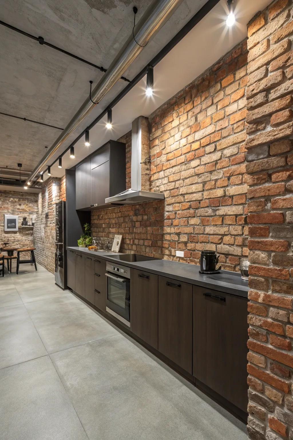 Brick accents add an industrial touch to kitchen walls.