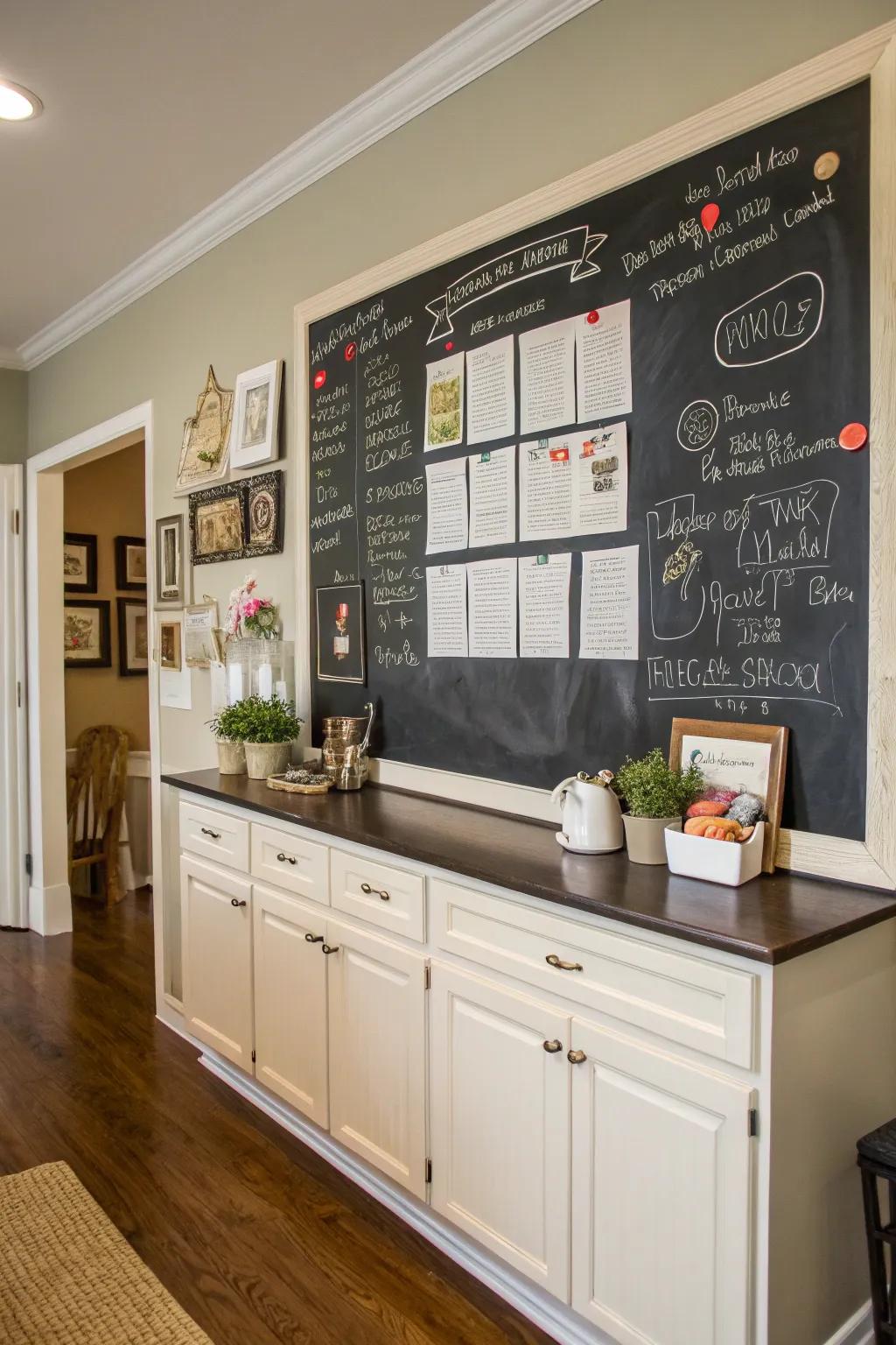 A chalkboard adds a personal and interactive element to the kitchen.